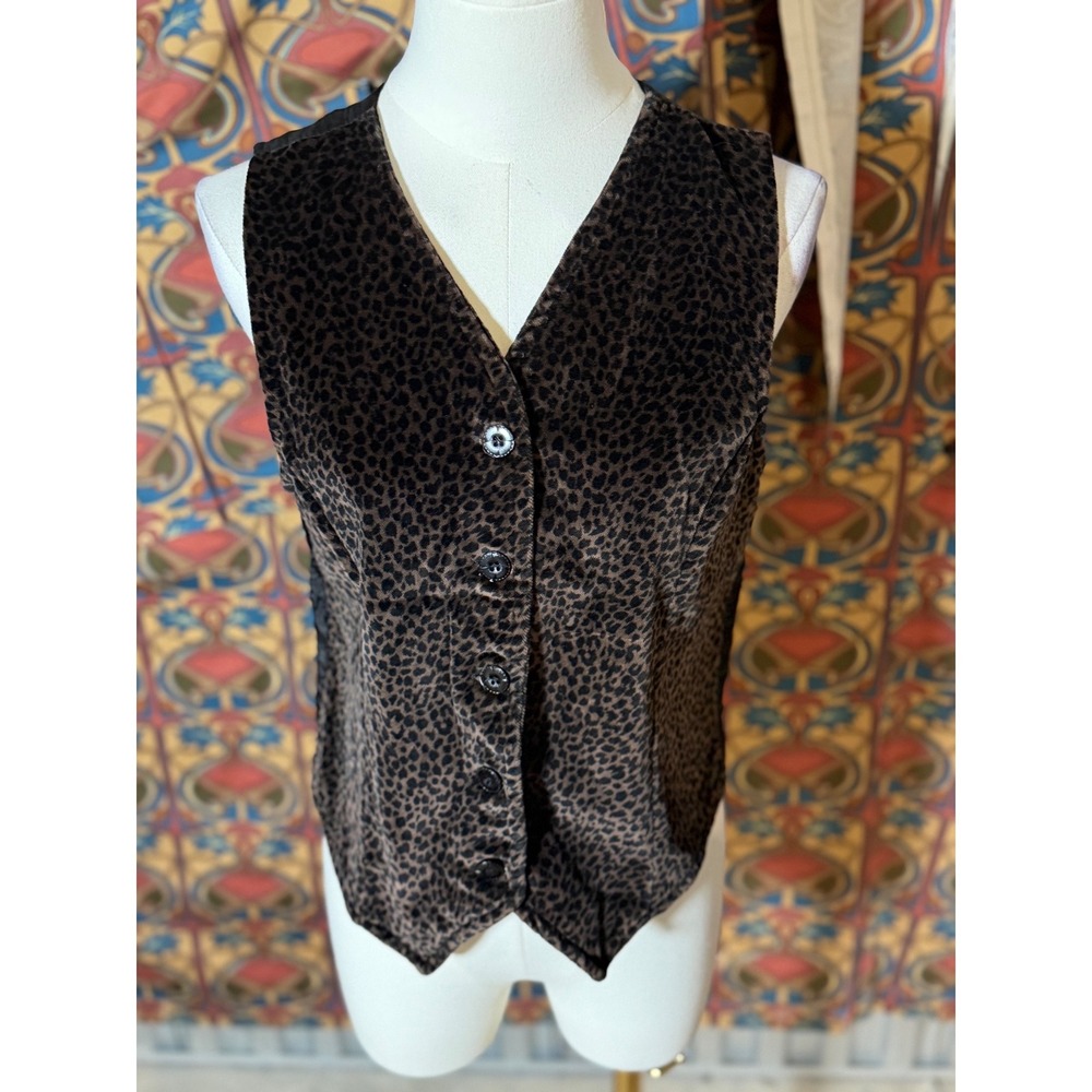 Essentials Style Leopard Print Velvet‎ Button Up Vest M